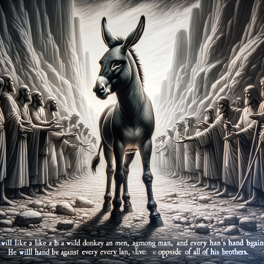 Ark.au Illustrated Bible - Genesis 16:12 - He will be like a wild donkey among men. His hand will be against every man, and every man's hand against him. He will live opposite all of his brothers.