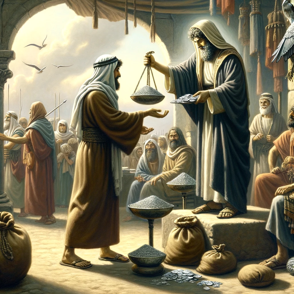 Ark.au Illustrated Bible - Genesis 23:16 - And Abraham hearkened to Ephron; and Abraham weighed to Ephron the money that he had named in the ears of the sons of Heth -- four hundred shekels of silver, current with the merchant.