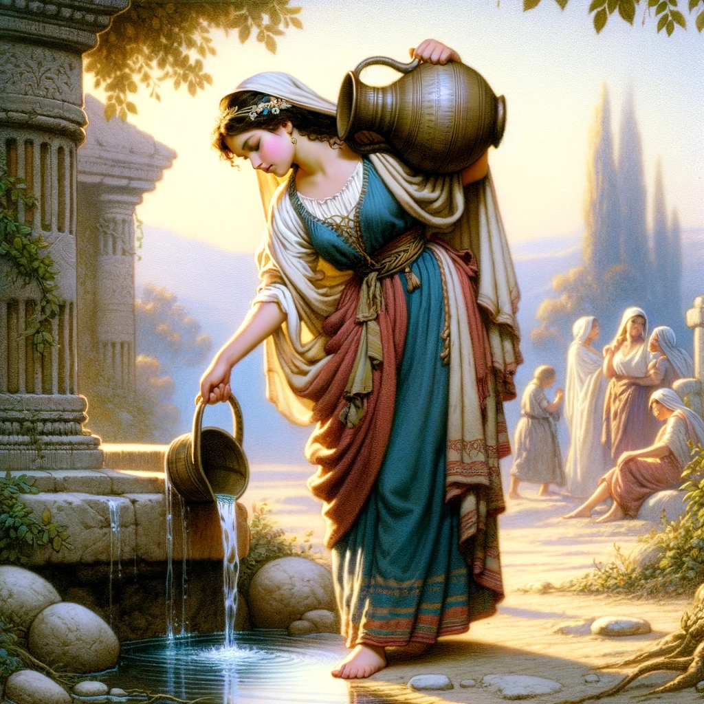 Ark.au Illustrated Bible - Genesis 24:15 - And even before his words were ended, Rebekah, the daughter of Bethuel, the son of Milcah, who was the wife of Nahor, Abraham's brother, came out with her water-vessel on her arm.