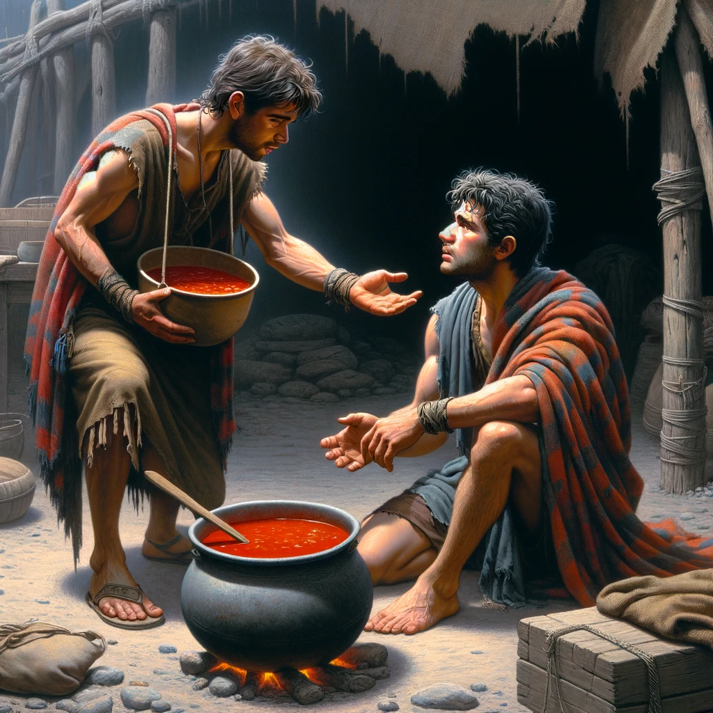 Ark.au Illustrated Bible - Genesis 25:30 - And Esau said to Jacob, Feed me, I pray thee, with that same red `pottage'. For I am faint. Therefore was his name called Edom.