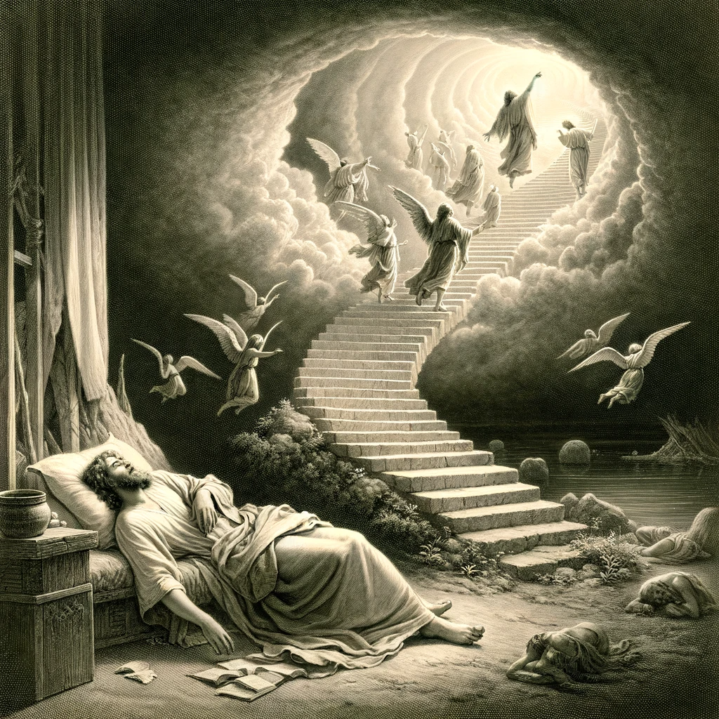 Ark.au Illustrated Bible - Genesis 28:12 - And he had a dream, and in his dream he saw steps stretching from earth to heaven, and the angels of God were going up and down on them.