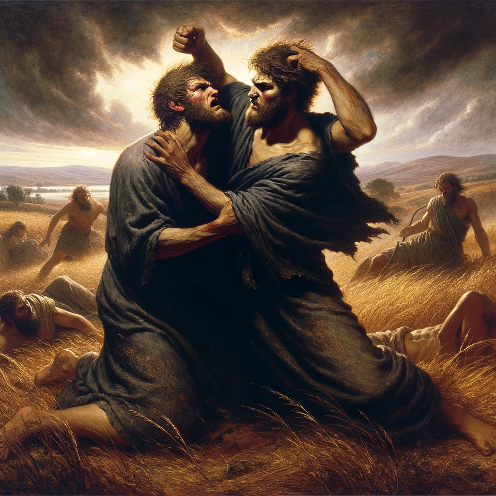 Ark.au Illustrated Bible - Genesis 4:8 - And Cain said to his brother, Let us go into the field: and when they were in the field, Cain made an attack on his brother Abel and put him to death.