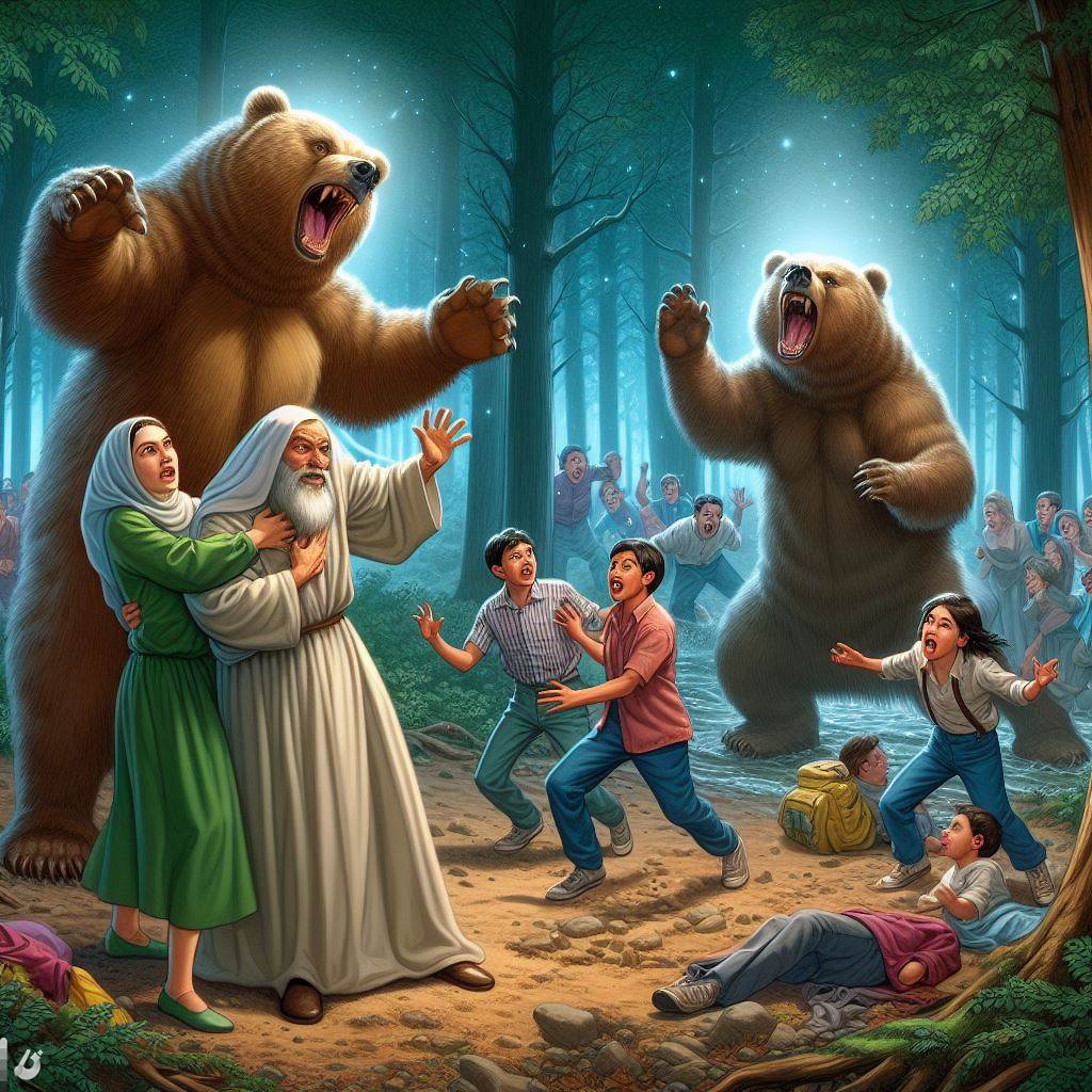 Ark.au Illustrated Bible - 2 Kings 2:24 - And turning back, he saw them, and put a curse on them in the name of the Lord. And two she-bears came out of the wood and put forty-two of the children to death.