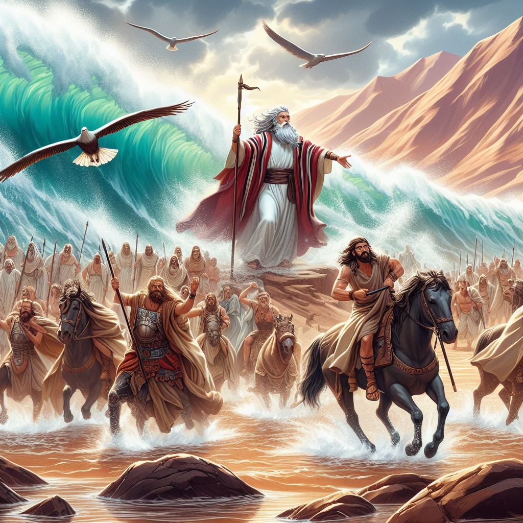 Ark.au Illustrated Bible - Exodus 14:21 - And when Moses' hand was stretched out over the sea, the Lord with a strong east wind made the sea go back all night, and the waters were parted in two and the sea became dry land.