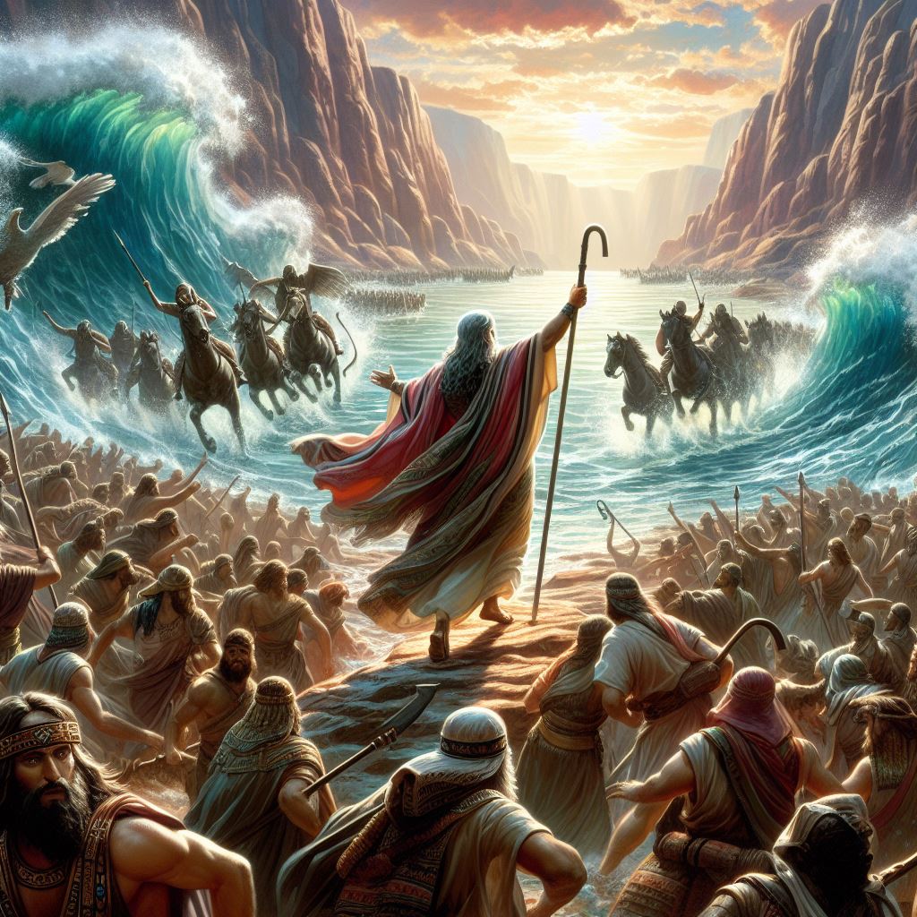 Ark.au Illustrated Bible - Exodus 14:27 - And when Moses' hand was stretched out over the sea, at dawn the sea came flowing back, meeting the Egyptians in their flight, and the Lord sent destruction on the Egyptians in the middle of the sea.