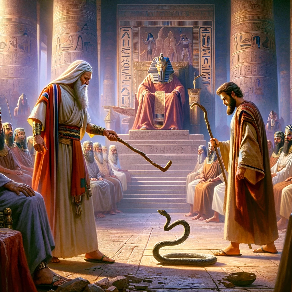 Ark.au Illustrated Bible - Exodus 7:10 - And Moses goeth in -- Aaron also -- unto Pharaoh, and they do so as Jehovah hath commanded; and Aaron casteth his rod before Pharaoh, and before his servants, and it becometh a monster.