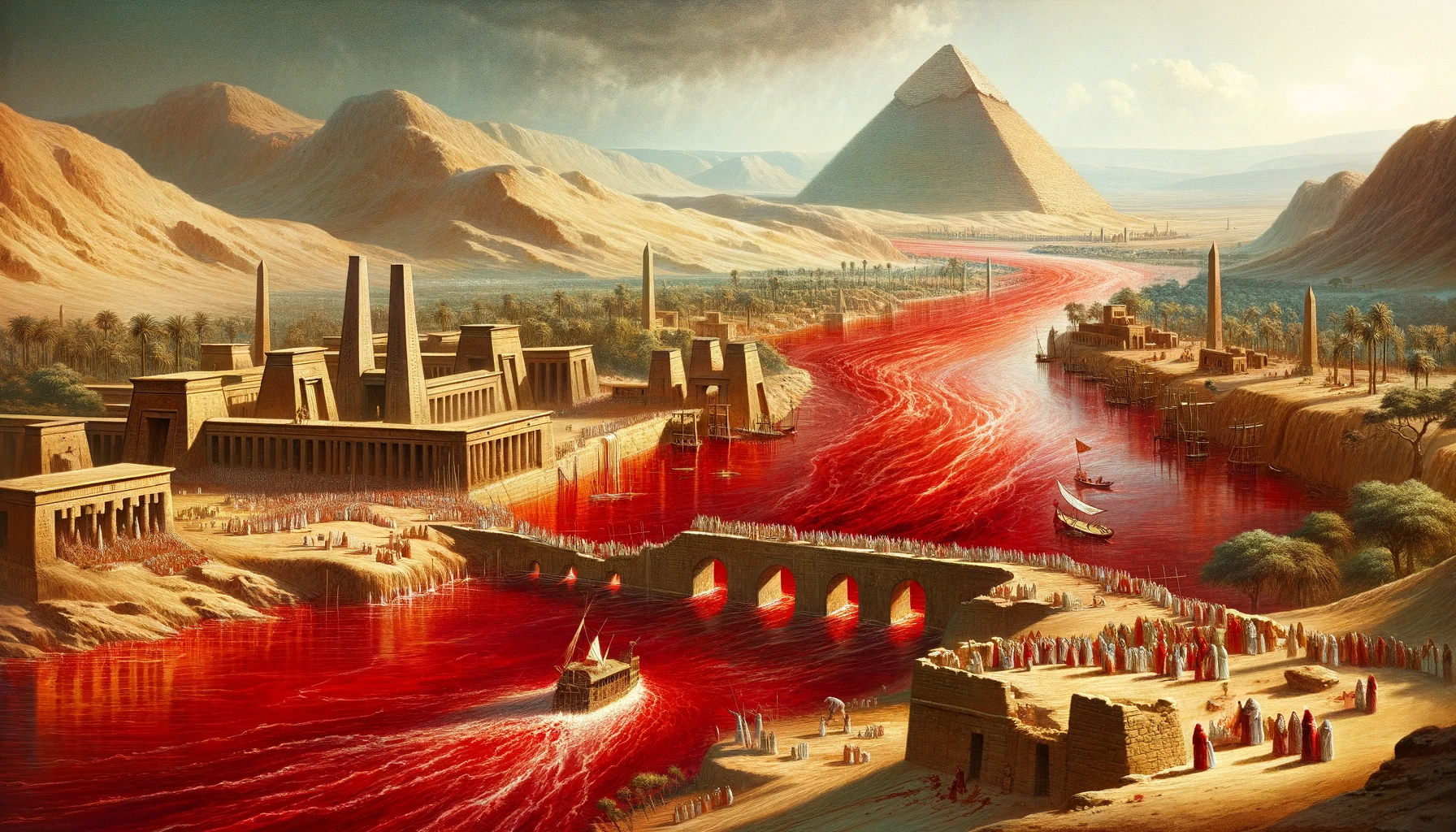 Ark.au Illustrated Bible - Exodus 7:20 - And Moses and Aaron did as the Lord had said; and when his rod had been lifted up and stretched out over the waters of the Nile before the eyes of Pharaoh and his servants, all the water in the Nile was turned to blood;
