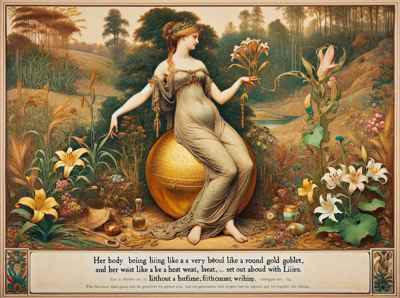Ark.au Illustrated Bible - Song of Solomon 7:2 - Thy body is `like' a round goblet, `Wherein' no mingled wine is wanting: Thy waist is `like' a heap of wheat Set about with lilies.