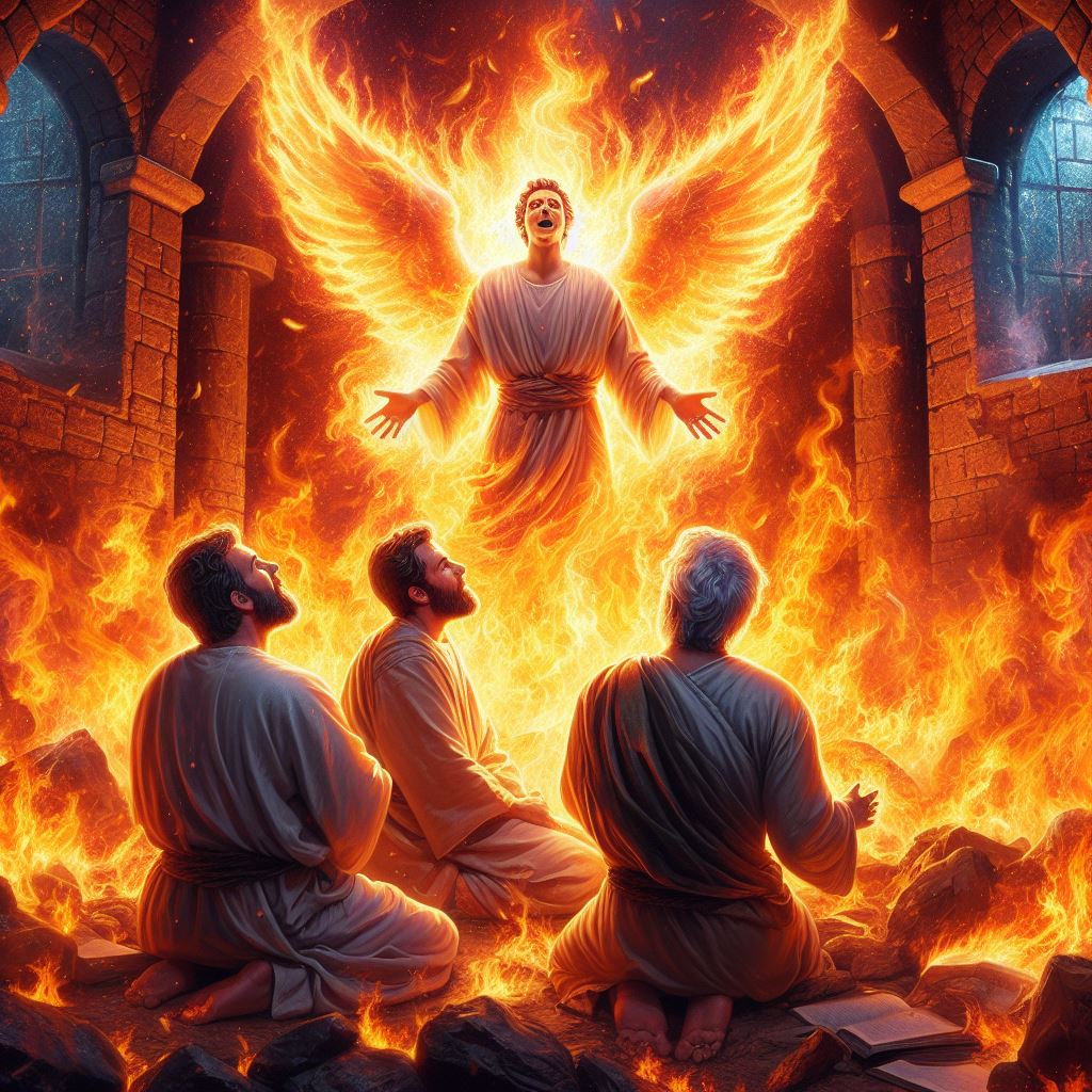 Ark.au Illustrated Bible - Daniel 3:23 - And these three men, Shadrach, Meshach, and Abed-nego, fell down bound into the midst of the burning fiery furnace.