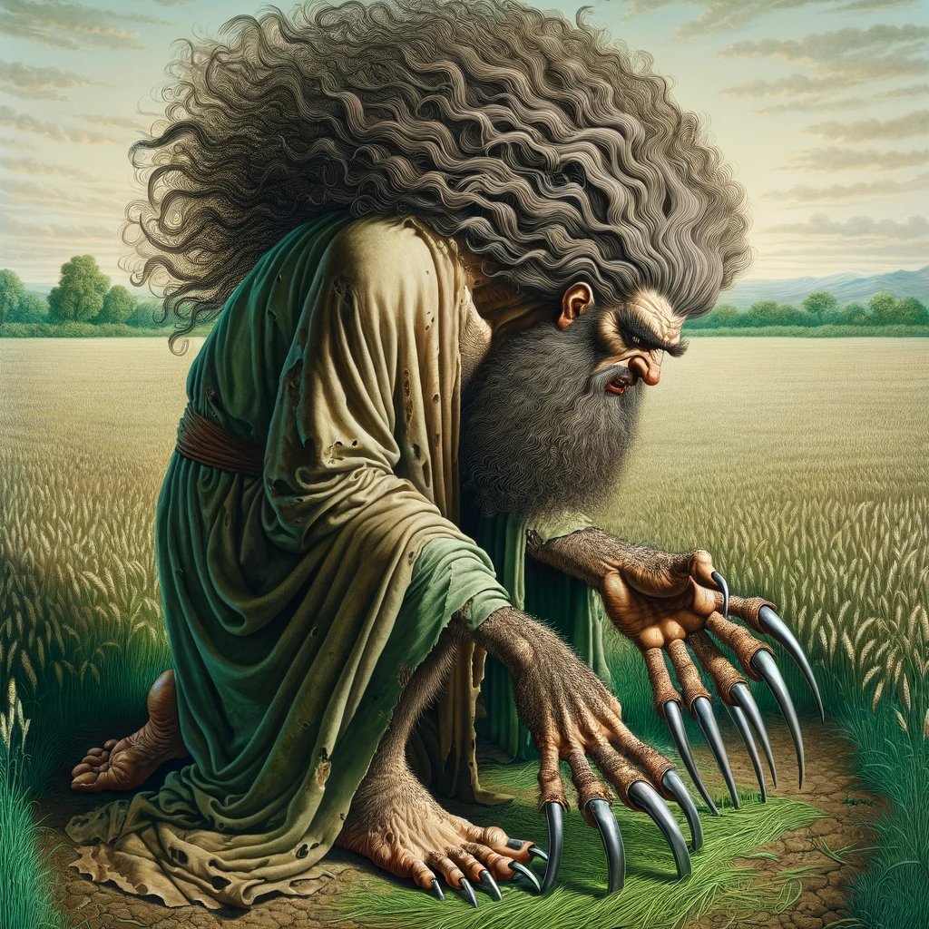 Ark.au Illustrated Bible - Daniel 4:33 - That very hour the order about Nebuchadnezzar was put into effect: and he was sent out from among men, and had grass for his food like the oxen, and his body was wet with the dew of heaven, till his hair became long as eagles' feathers and his nails like those of birds.