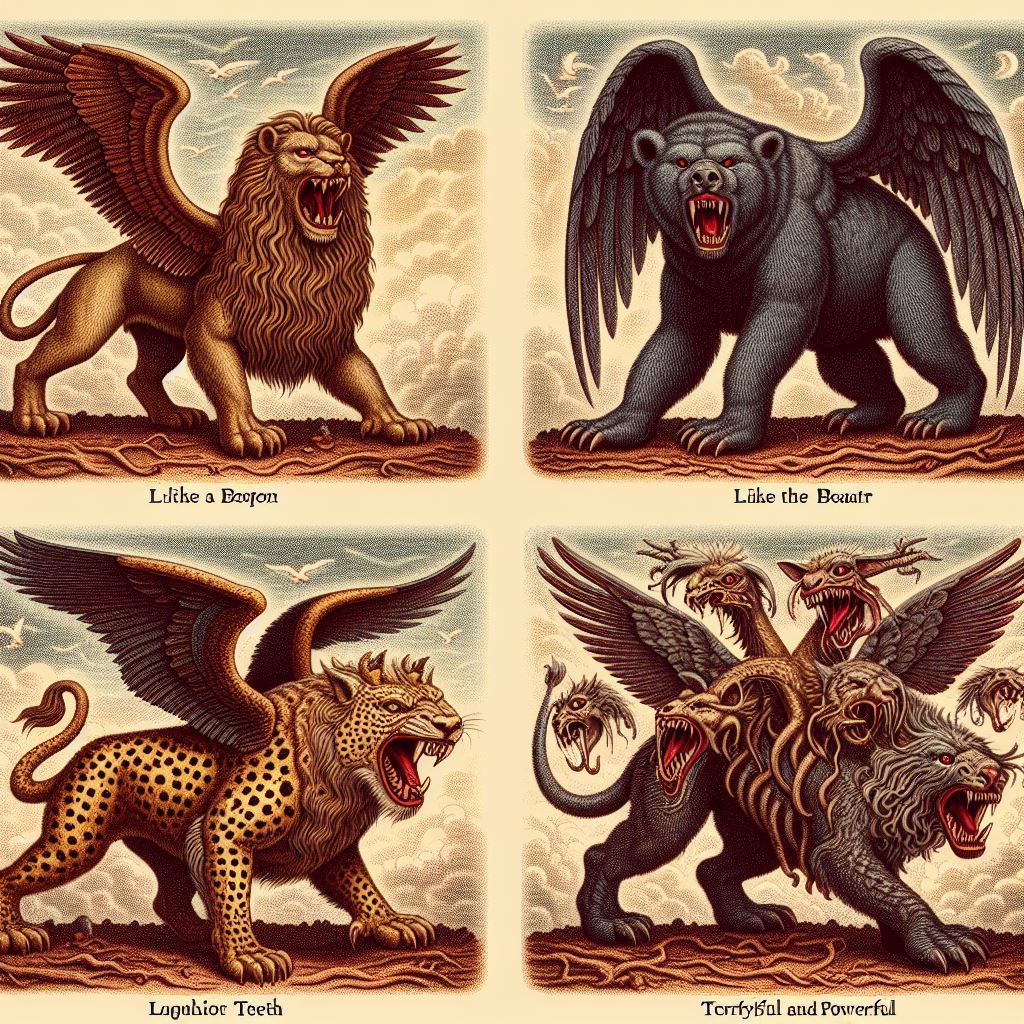 Ark.au Illustrated Bible - Daniel 7:7 - After this I saw in the night-visions, and, behold, a fourth animal, awesome and powerful, and strong exceedingly; and it had great iron teeth; it devoured and broke in pieces, and stamped the residue with its feet: and it was diverse from all the animals that were before it; and it had ten horns.