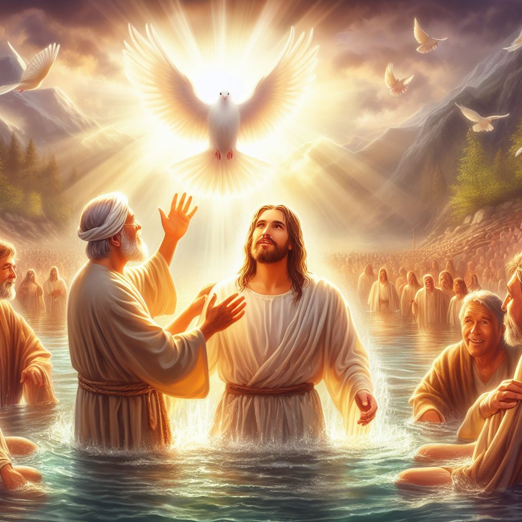 Ark.au Illustrated Bible - Matthew 3:16 - And Jesus when he was baptized, went up straightway from the water: and lo, the heavens were opened unto him, and he saw the Spirit of God descending as a dove, and coming upon him;