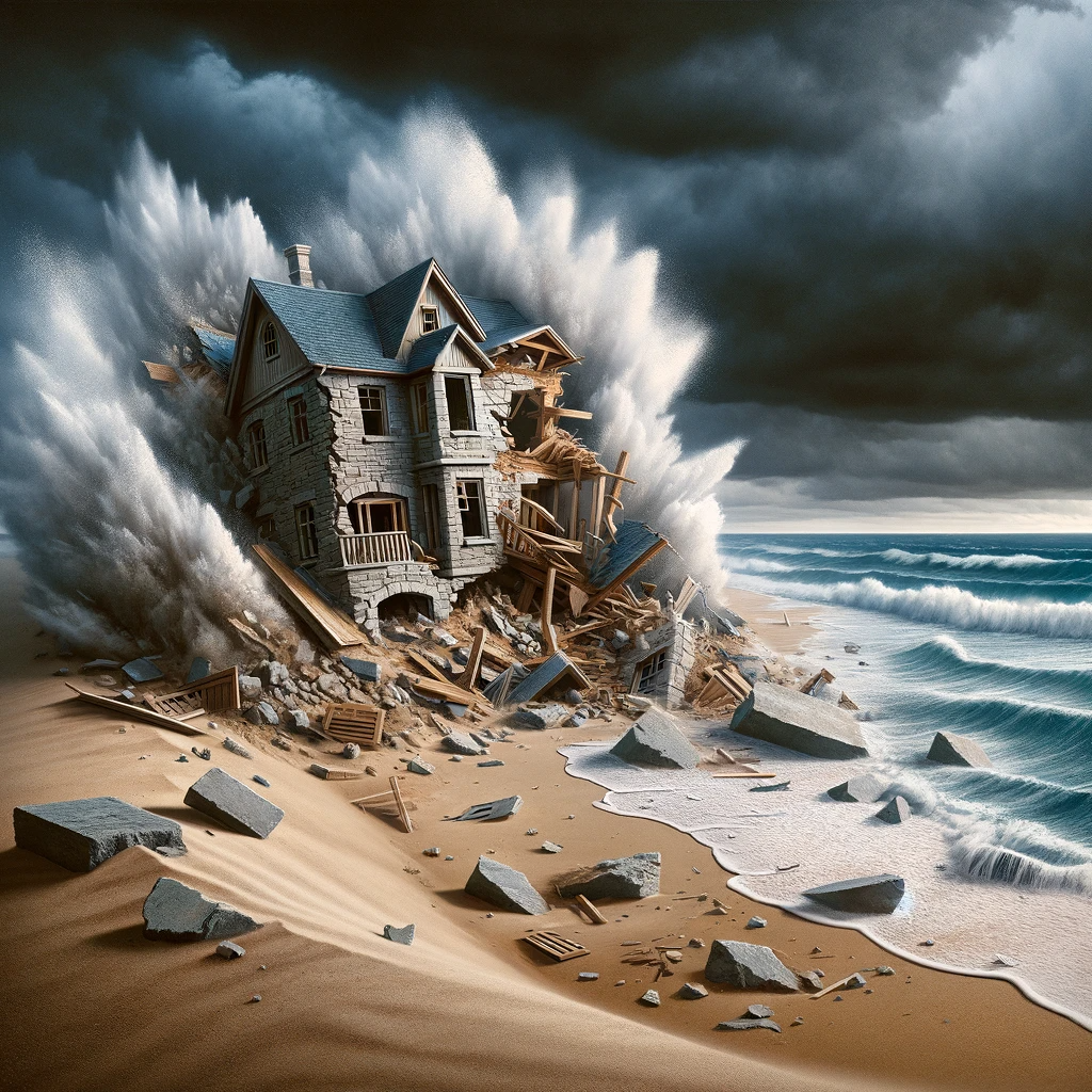 Ark.au Illustrated Bible - Matthew 7:27 - The rain came down, the floods came, and the winds blew, and beat on that house; and it fell--and great was its fall.