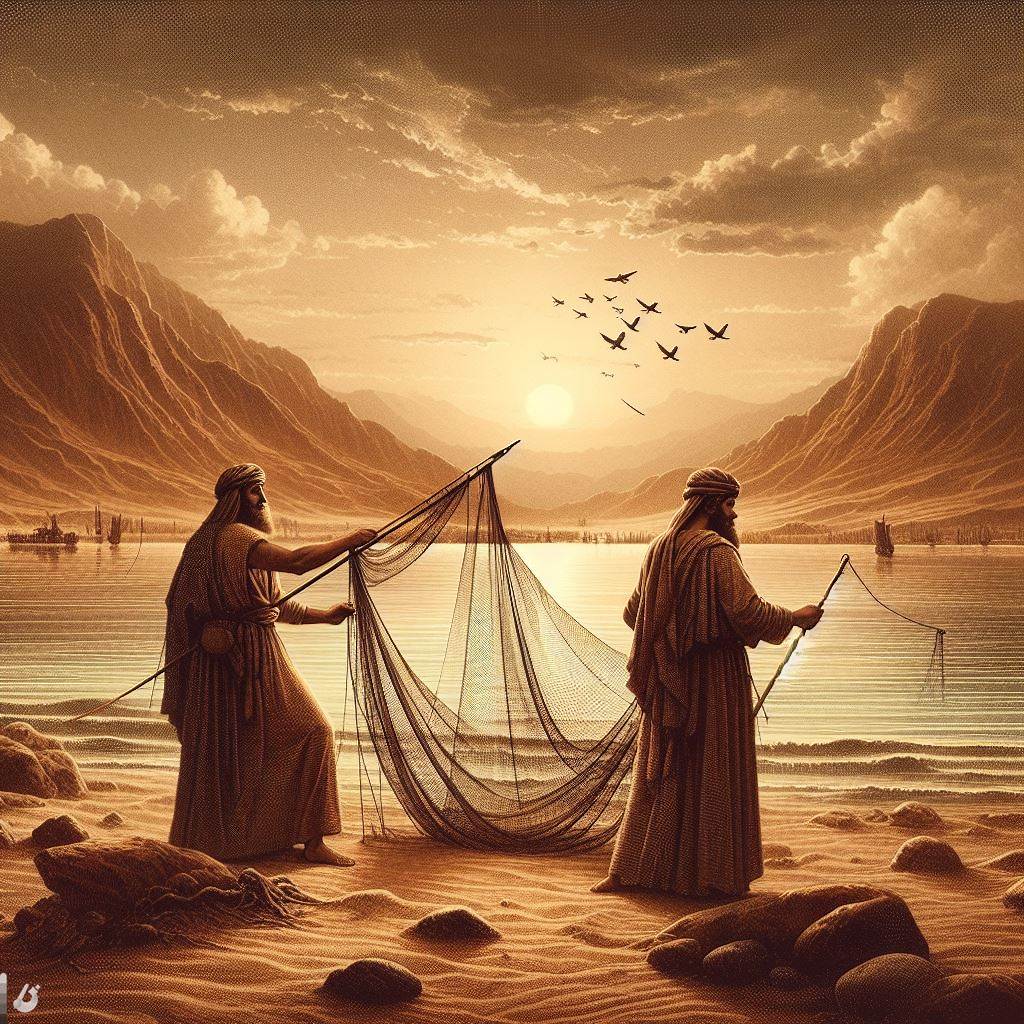 Ark.au Illustrated Bible - Mark 1:16 - Now as he walked by the sea of Galilee, he saw Simon and Andrew his brother casting a net into the sea: for they were fishers.