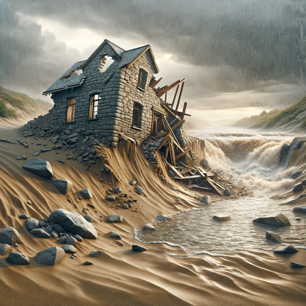 Ark.au Illustrated Bible - Luke 6:49 - And he that has heard and not done, is like a man who has built a house on the ground without [a] foundation, on which the stream broke, and immediately it fell, and the breach of that house was great.