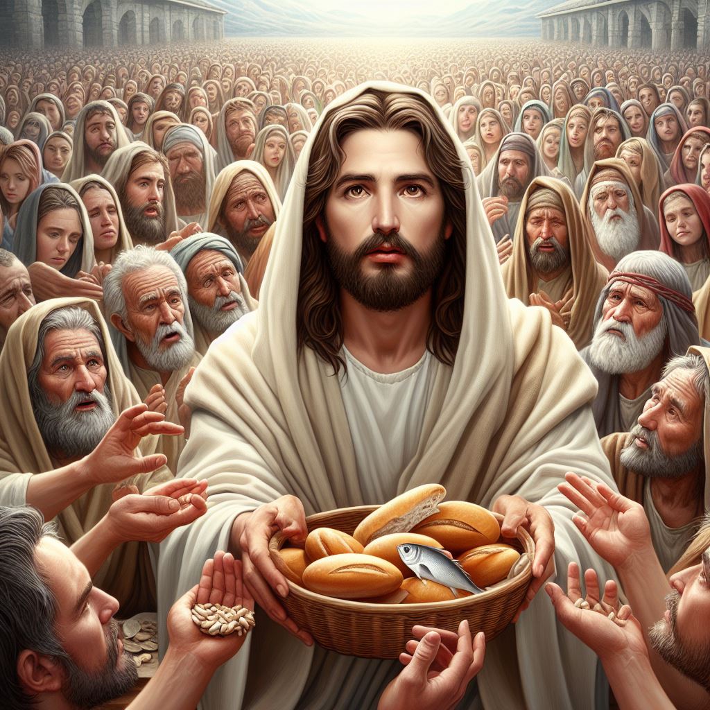 Ark.au Illustrated Bible - John 6:11 - Jesus therefore took the loaves; and having given thanks, he distributed to them that were set down; likewise also of the fishes as much as they would.