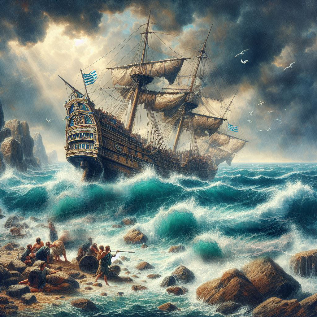 Ark.au Illustrated Bible - Acts 27:40 - Casting off the anchors, they left them in the sea, at the same time untying the rudder ropes. Hoisting up the foresail to the wind, they made for the beach.