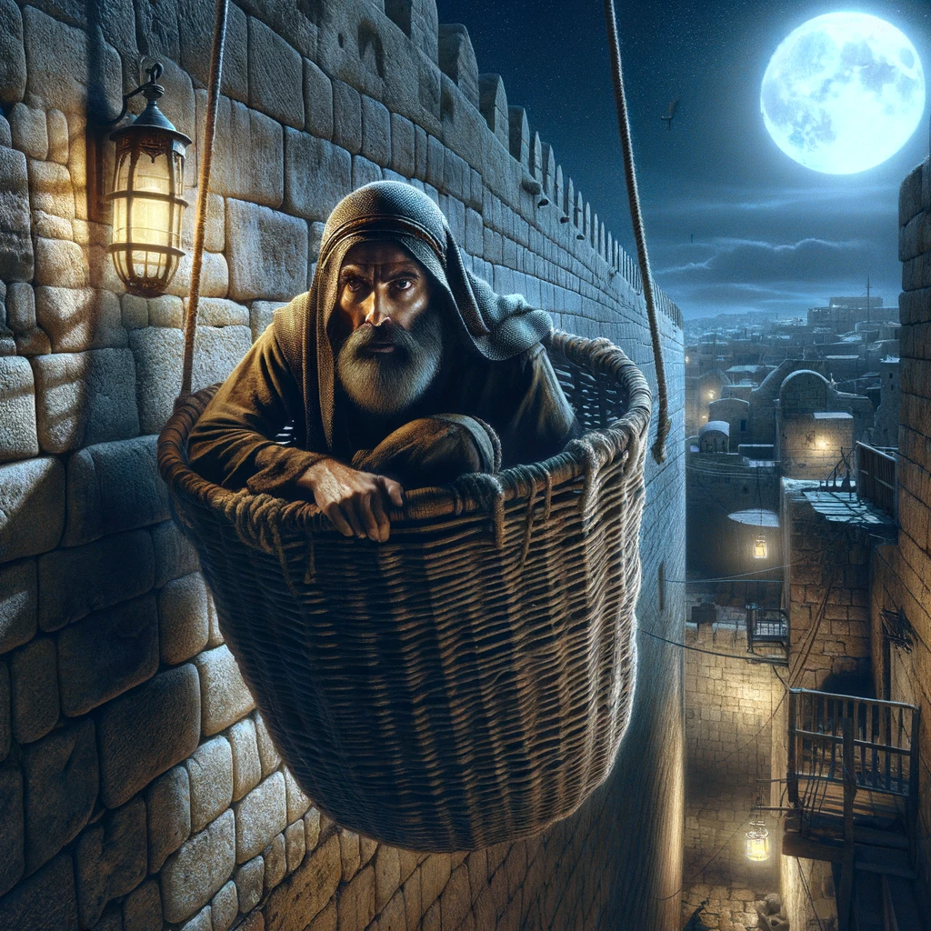 Ark.au Illustrated Bible - Acts 9:25 - but the disciples took him by night and let him down through the wall, lowering him in a basket.