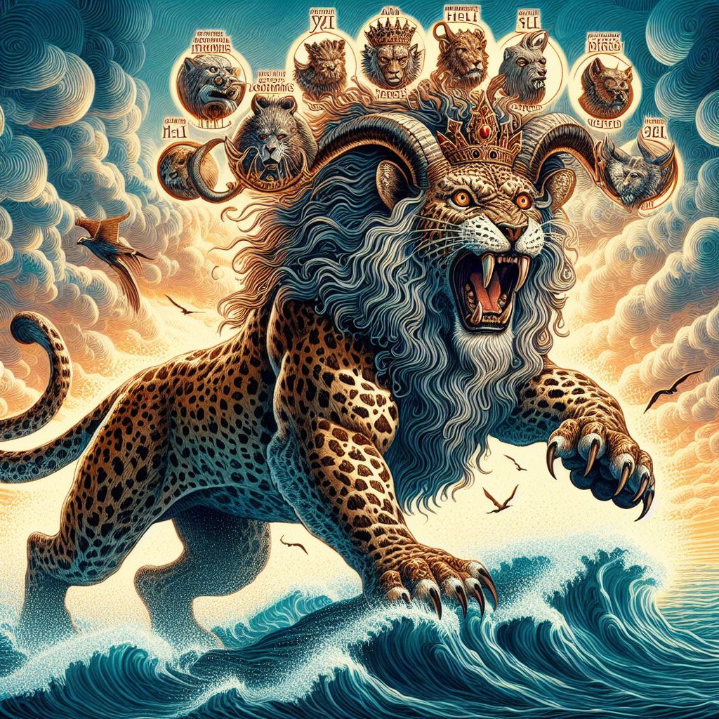 Ark.au Illustrated Bible - Revelation 13:1 - And I stood upon the sand of the sea, and I saw out of the sea a beast coming up, having seven heads and ten horns, and upon its horns ten diadems, and upon its heads a name of evil speaking,