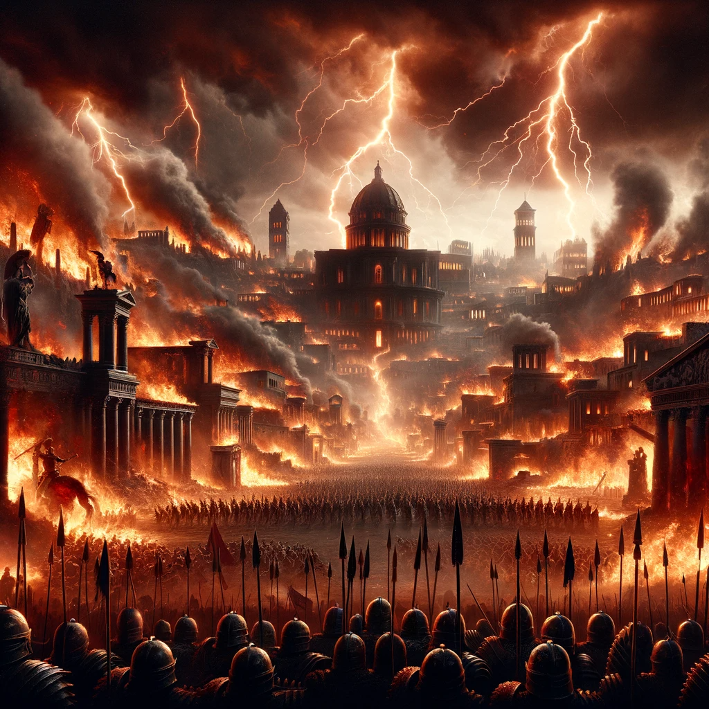 Ark.au Illustrated Bible - Revelation 18:8 - Therefore in one day her plagues will come: death, mourning, and famine; and she will be utterly burned with fire; for the Lord God who has judged her is strong.